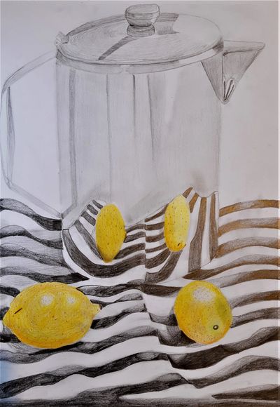 Metallic kettle and lemons in pencil - Art portfolio lessons