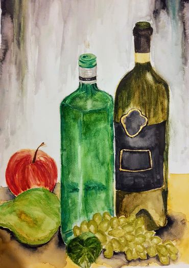 Still life of bottles and fruit - Art portfolio preparation