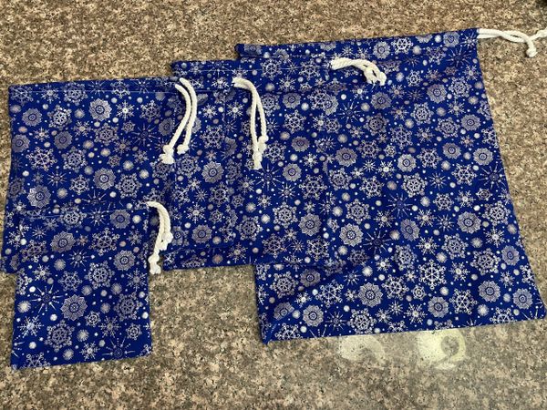 Reusable Gift Bag Dark Blue Silver Snowflake