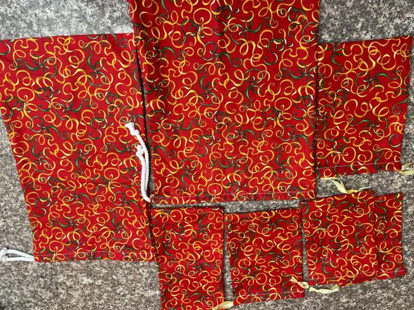 Reusable Gift Bags Red with green and gold ribbons