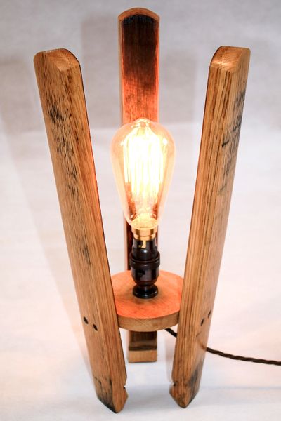 Oak Scotch Whisky Barrel stave table/bedside lamp with a B22 40w Edison bulb and antique brass bulb holder