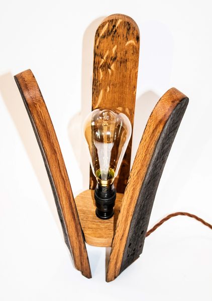 Oak Scotch Whisky Barrel stave table/bedside lamp with a B22 40w Edison bulb and antique brass bulb holder