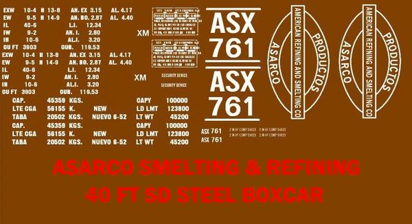 ASARCO REFINERS 40 FT BOXCAR G-CAL DECAL SET