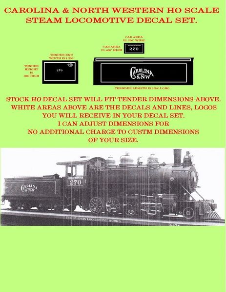 CAROLINA & NORTH WESTERN HO DECAL SET FOR STEAM LOCO-TENDER.