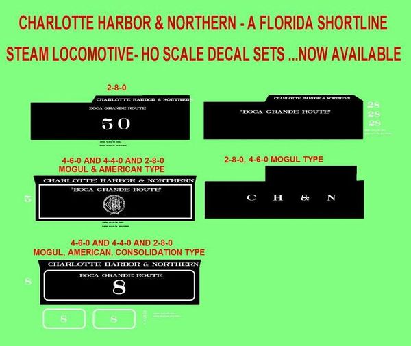 CHARLOTTE HARBOR & NORTHERN STEAM LOCO DECAL HO DECAL SET.