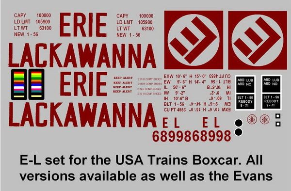 ERIE LACKAWANNA RR G-CAL DECAL SET FOR USA TRAINS 50 FT BOXCAR.