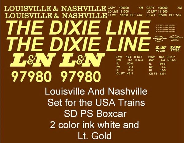 LOUISVILLE & NASHVILLE "DIXIE LINE" 50 FT SD BOXCAR G-CAL DECAL SET.