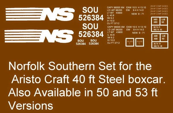 NORFOLK SOUTHERN RR 40 FT BOXCAR G-CAL DECAL SET.