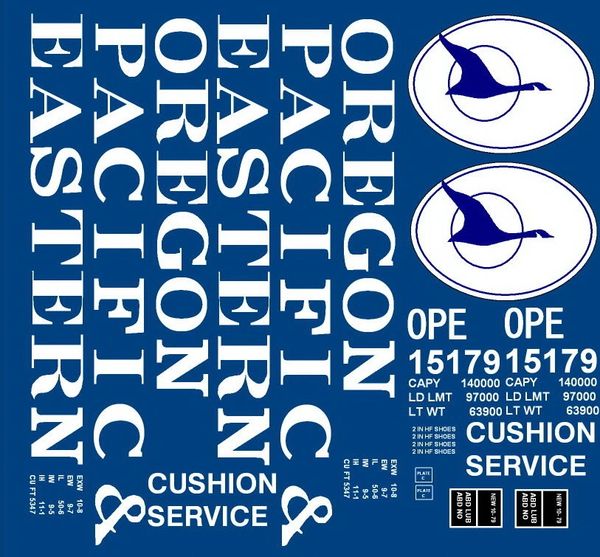 OREGON, PACIFIC AND EASTERN 50 FT STEEL BOXCAR G-CAL DECAL SET.