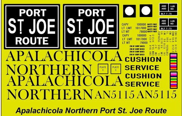 APALACHICOLA NORTHERN PORT ST. JOE ROUTE. G-CAL DECAL SET. 50 FT STEEL BOXCAR DECAL SET BLACK INK