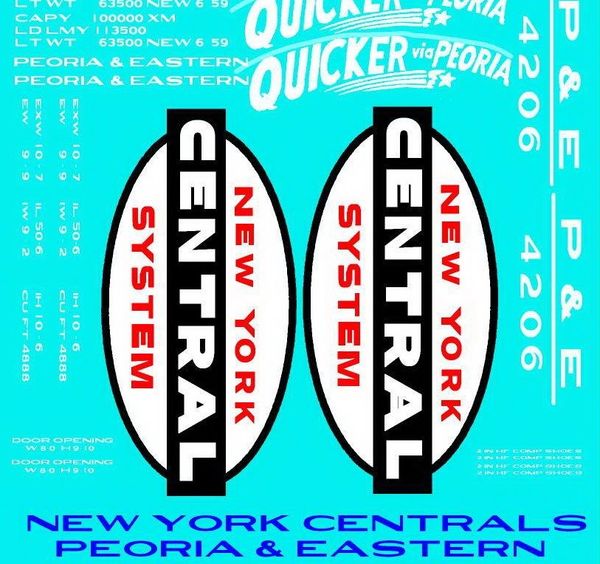 PEORIA AND EASTERN RR A NYC FAMILY ROAD 50 FT STEEL BOXCAR G-CAL DECAL SET