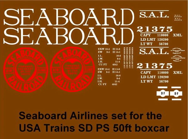 SEABOARD AIRLINE 50 FT STEEL BOXCAR G-CAL DECAL SET
