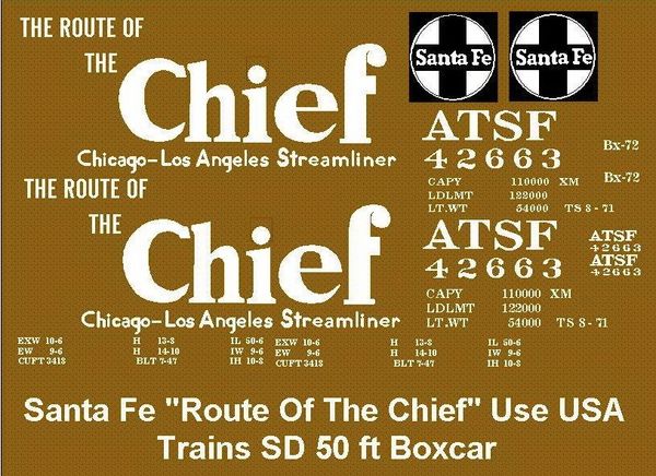 SANTA FE TCHISON, TOPEKA AND SANTA FE RR 50 FT. STEEL BOX G-CAL DECAL SET.