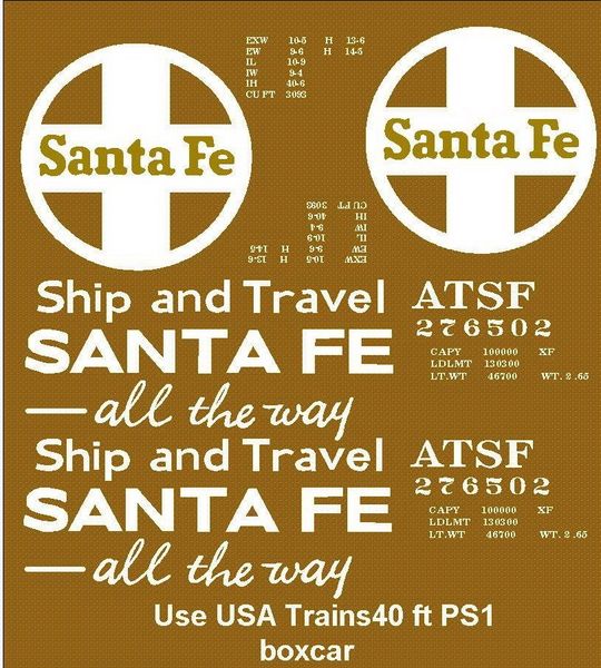 SANTA FE SHIP AND TRAVEL.. 40 FT STL. BOXCAR G-CAL DECAL SET.