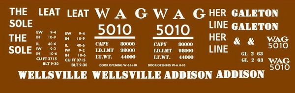 WAG-WELLSVILLE, ADDISON AND GALETON RR STL. 40 FT BOXCAR G-CAL DECAL SET.