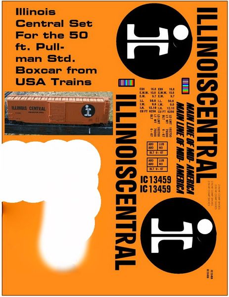 ILLINOIS CENTRAL 50 FT SD STEEL. BOXCAR G-CAL DECAL SET.