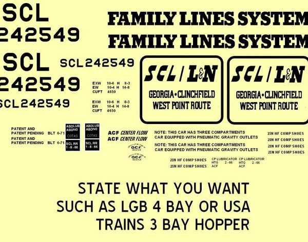 FAMILY LINES- SCL 3 OR 4 BAY CYLINDER HOPPER G-CAL DECAL SET.