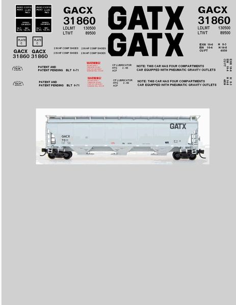 GATX GENERAL AMERICAN TANK CAR CO. CYLINDER HOPPER G-CAL DECAL SET