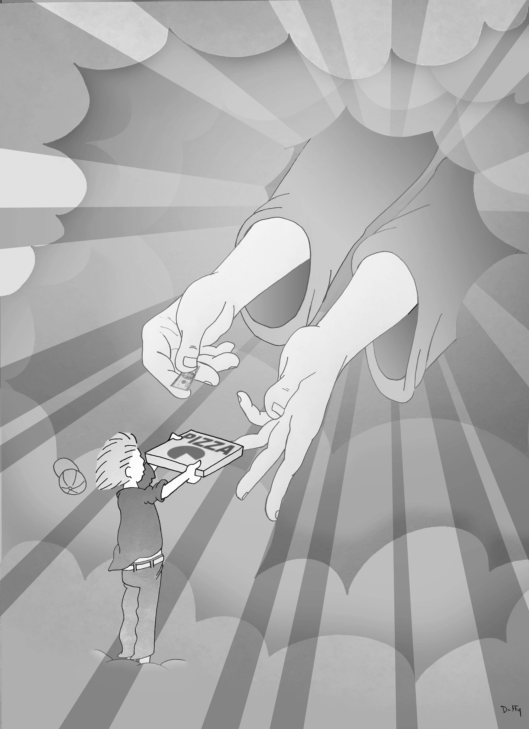 A boy offers pizza to a giant hand emerging from clouds with a dollar bill.