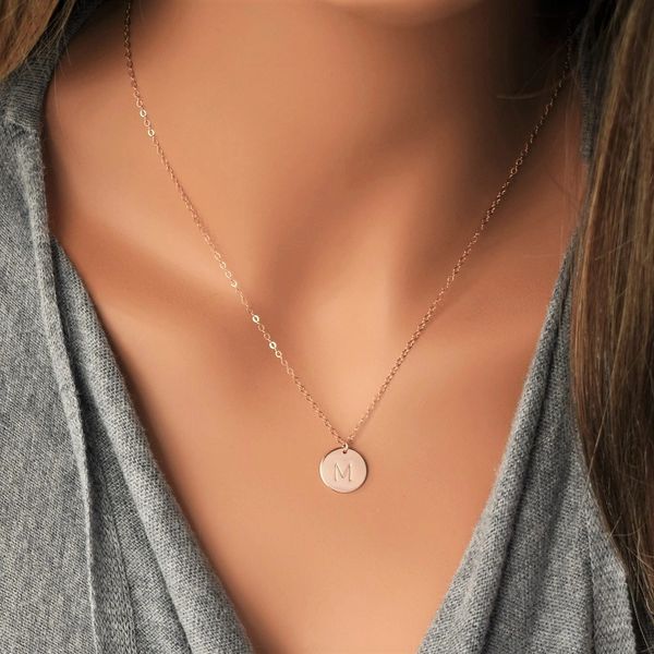 Rose Gold Filled Stamped Initial Disc Monogrammed Necklace Gift for Her