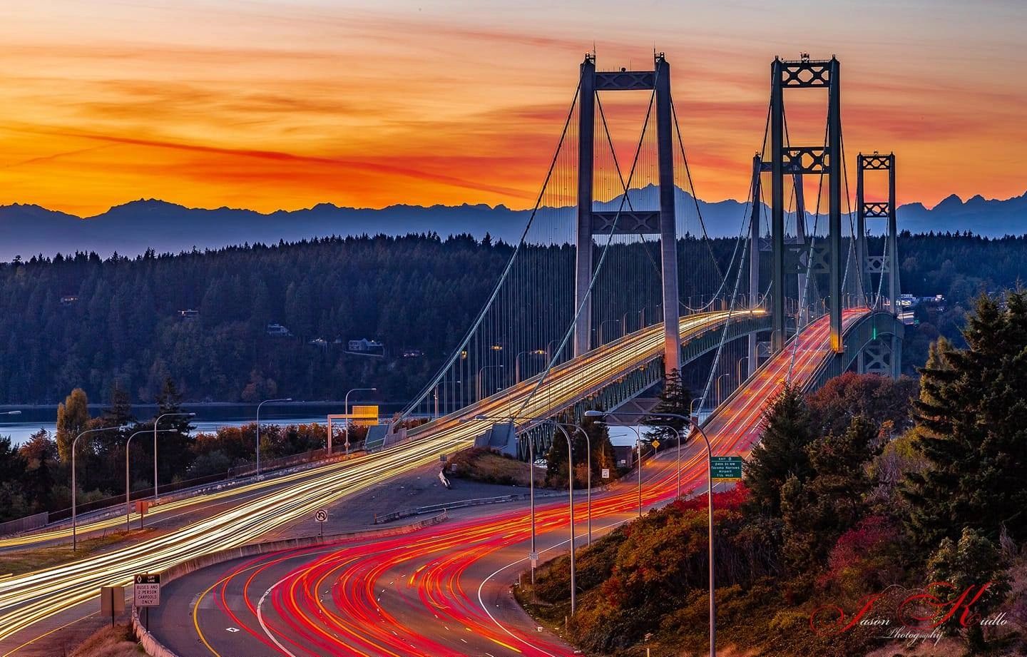 Sunset over Tacoma Narrows Bridge looking towards Olympic Mountains
