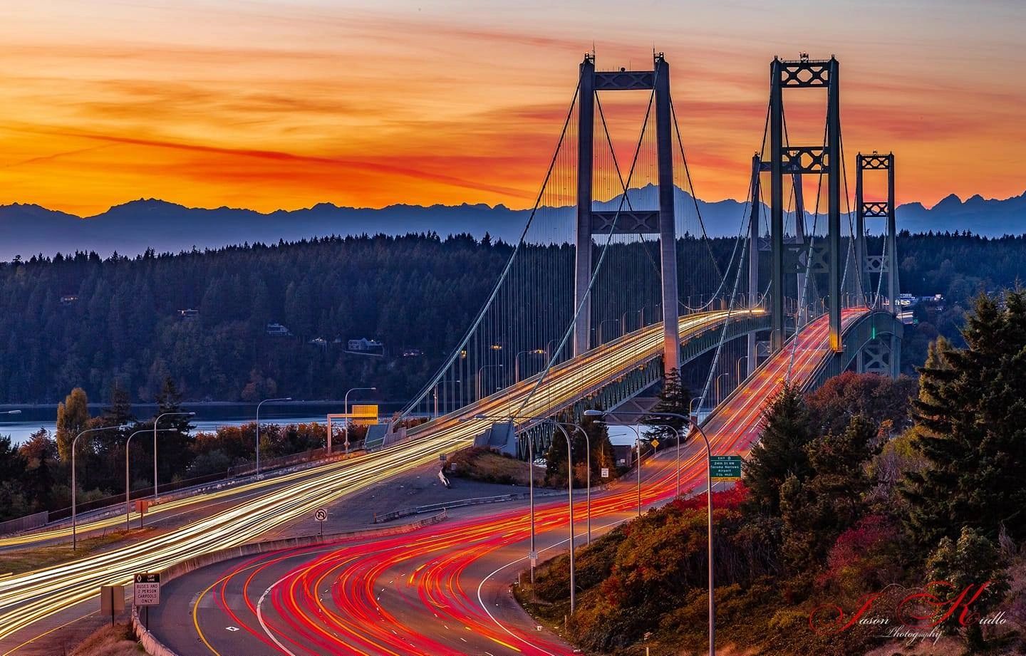 Sunset over Tacoma Narrows Bridge looking towards Olympic Mountains