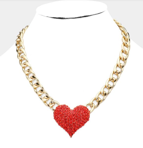 HEART RHINESTONE PAVE CHUNKY METAL CHAIN NECKLACE | She Is Me Accessories