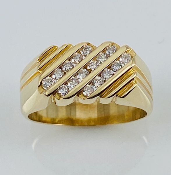 Classic 1980’s Men’s 14K yellow gold channel set diamond ring