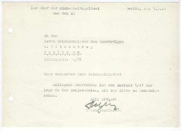 Reinhard Heydrich signed letter