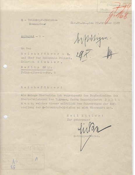 Letter to Himmler signed by Theodore Eicke