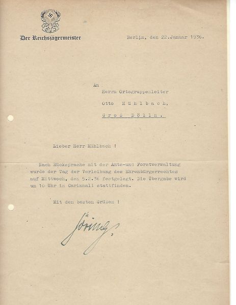 Hermann Goering signed letter on Reichsjaegermeister letterhead