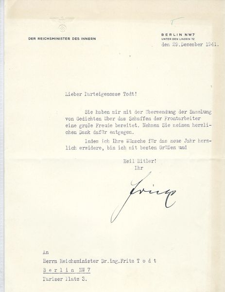 Letter to Fritz Todt signed by Wilhelm Frick