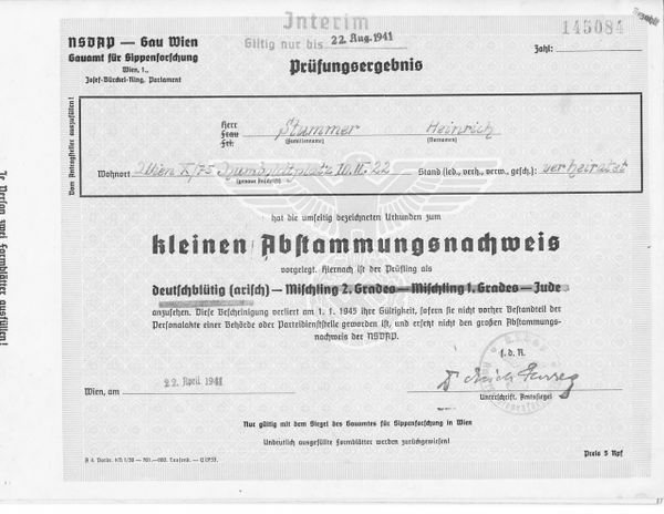 Nazi document proving no Jewish blood, Aryan purity