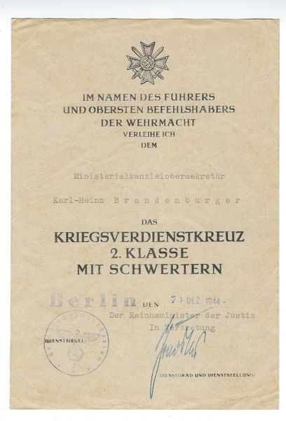 Roland Freisler signed award document