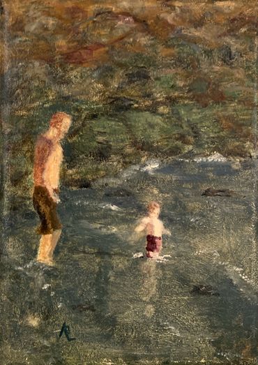 Oil painting of a dad at the bay of Benicia cautiously watching his toddler playing along the water.