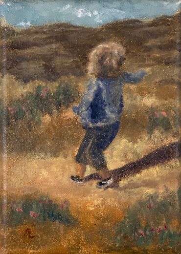 Oil painting of a child exploring along the bay of Benicia, CA, discovers something to show.
