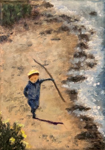 Oil painting of a child on the bay of Benica, CA, running along the shore with a big stick.
