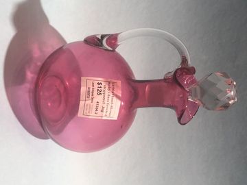 1890s ruby glass jug with clear faceted stopper and applied handle
SN 41304-2