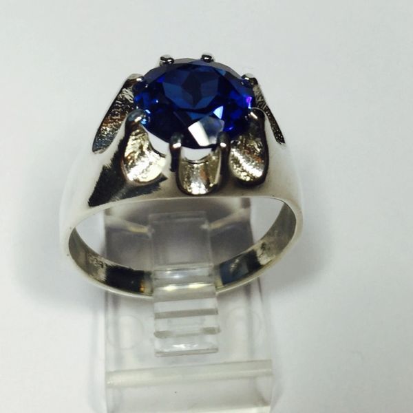 Sterling Silver Mens Genuine 10mm Round Lab Blue Sapphire Heavy Gypsy Style Ring Size 7-14