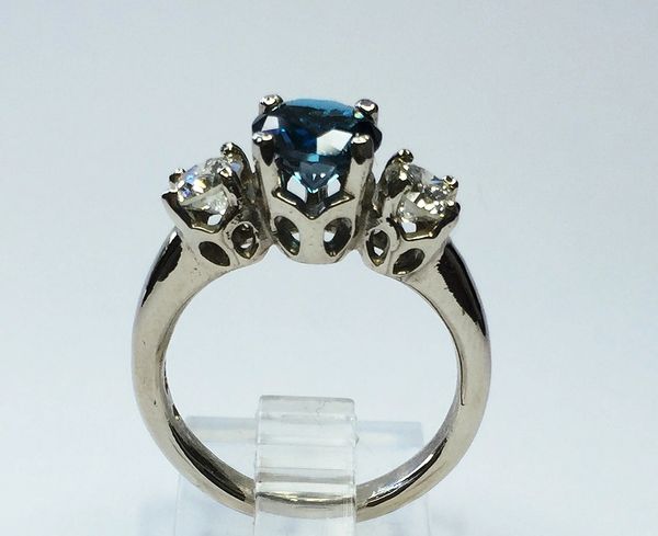 7mm Round London Blue Topaz, (2) 4.5mm Diamonds in 14kt White Gold Ring Size 6 1/2