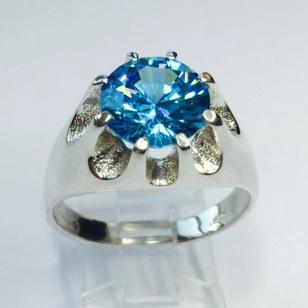 Sterling Silver Mens Genuine 10mm Round Aquamarine CZ Heavy Gypsy Style Ring Size 7-14