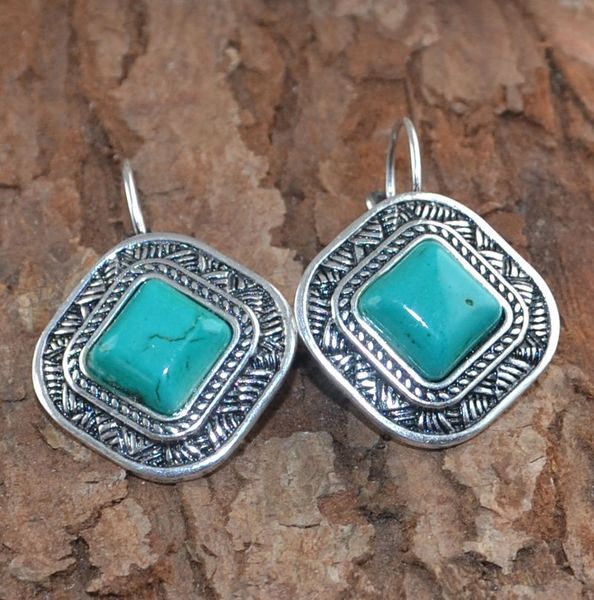 Pair of Elegant Imitation Turquoise Dangle Earrings, Silver Plated