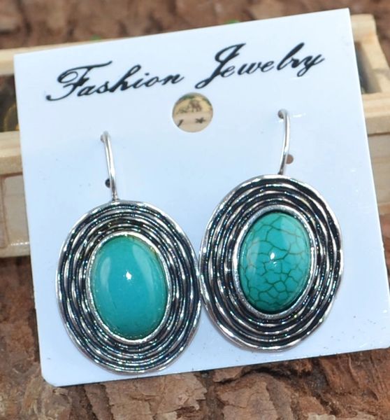 Pair of Elegant Imitation Turquoise Dangle Earrings, Silver Plated
