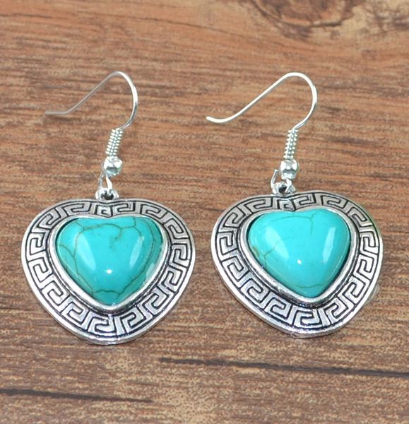 Pair of Elegant Imitation Heart Turquoise Dangle Earrings, Silver Plated