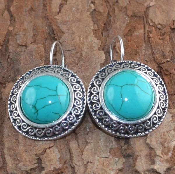 Pair of Elegant Imitation Round Turquoise Dangle Earrings, Silver Plated