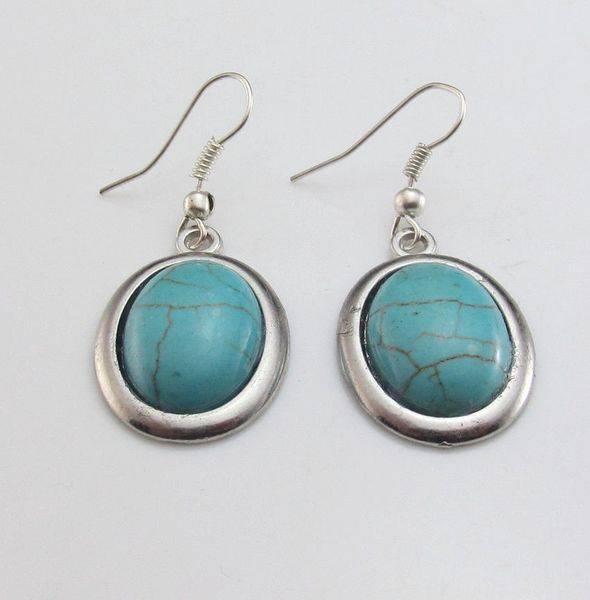 Pair of Elegant Imitation Oval Fancy Turquoise Dangle Earrings, Silver Plated