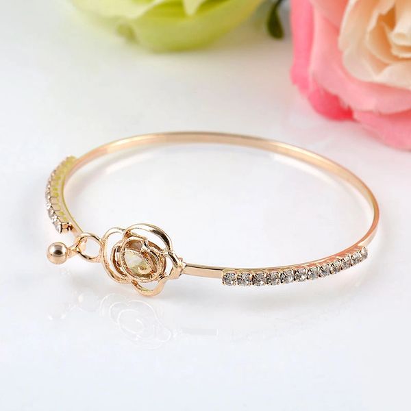 Crystal Rose Flower Bangle Gold Plated Cuff Bracelet