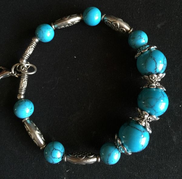 Retro Style Tibetan Silver Imitation Turquoise Bracelet 7.5"