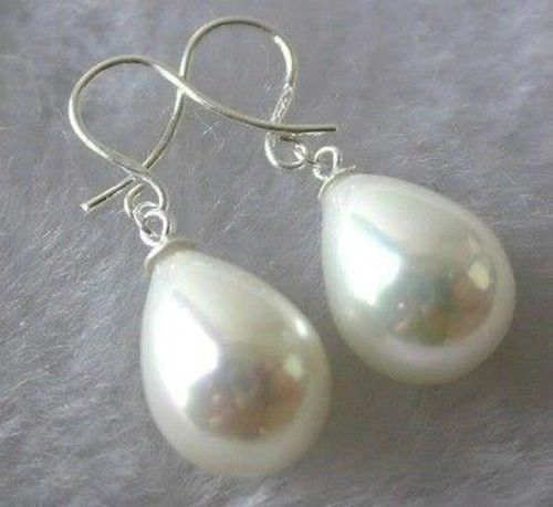 Pair of Elegant 12x16mm White Shell Pearl Drop Earrings: Silver