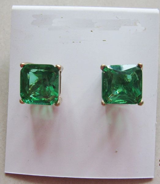 12x12mm Bright Green Crystal Square Stud Earrings